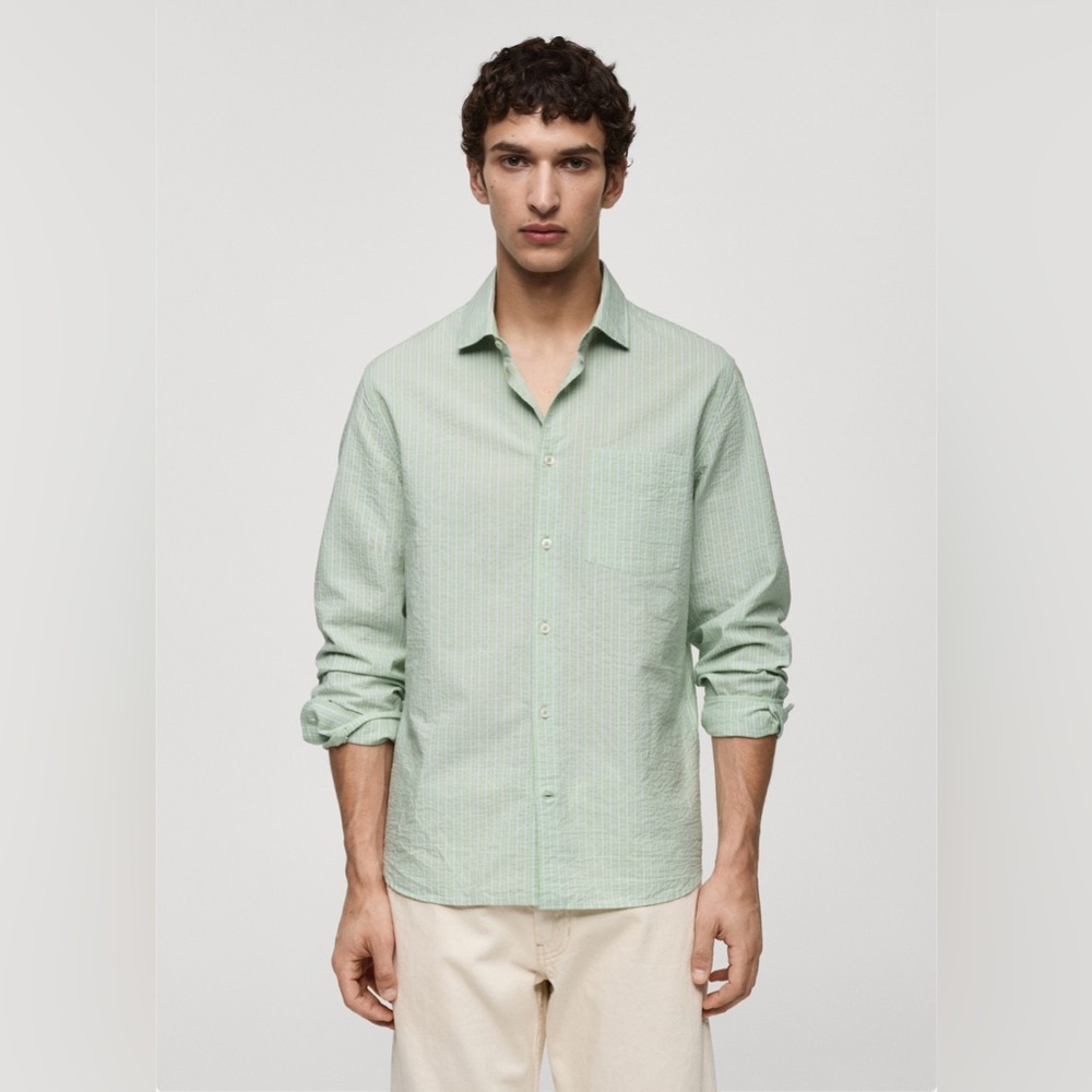 MNG Mango Men’s‎ Classic-fit striped seersucker cotton shirt pastel green size S